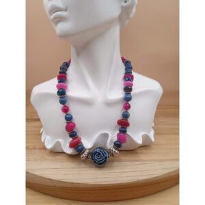 Tumbled Natural Stone Beads with Ceramic Centerpiece and Silver Spacers Necklace